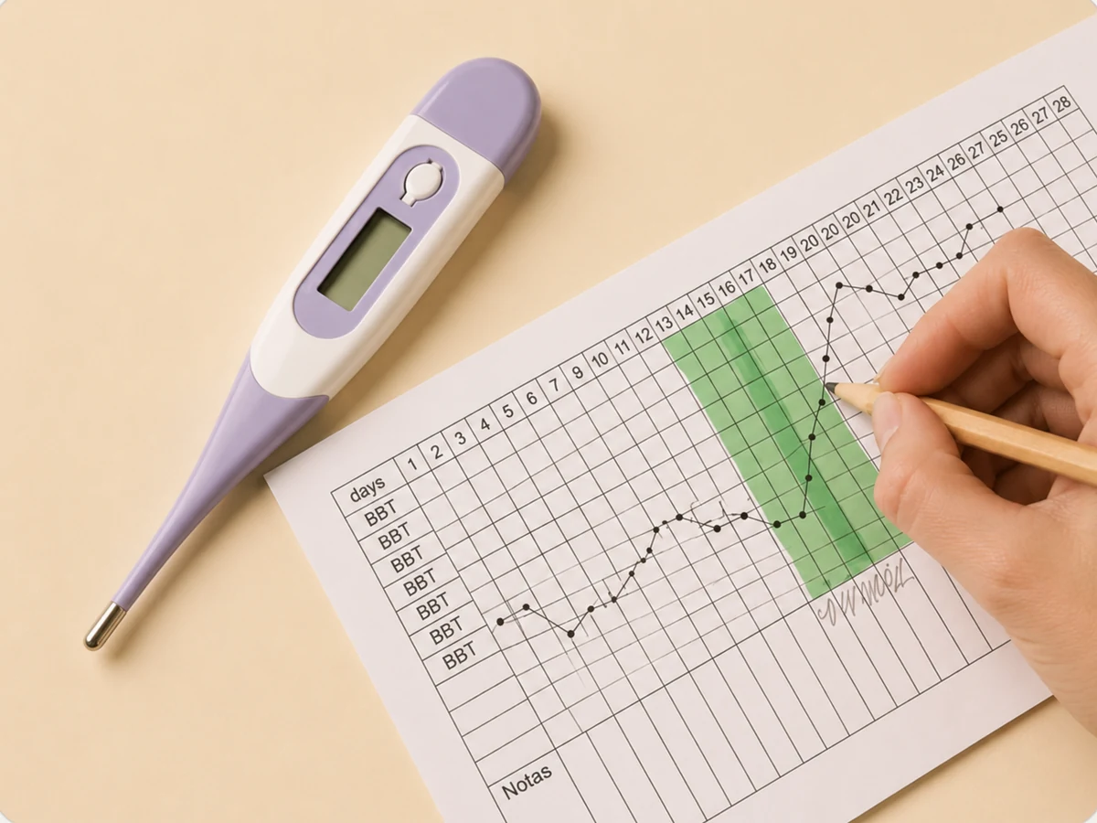 Termómetro basal junto a una gráfica de temperatura del método sintotérmico